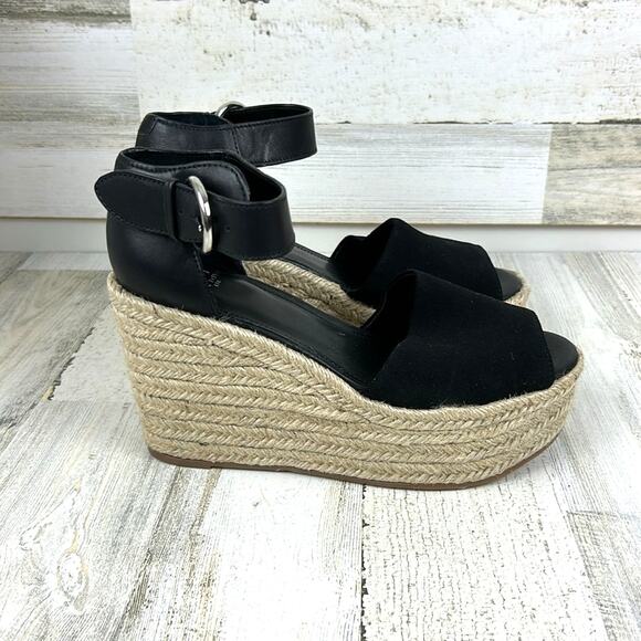 Marc Fisher Women’s 9 Black Leather Suede Buckle Platform Espadrille Sandals NEW - Picture 6 of 10